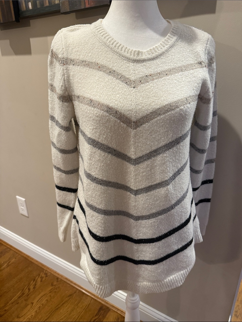 AGB Cream Crewneck Sweater with Gray, Tan and Black Stripes